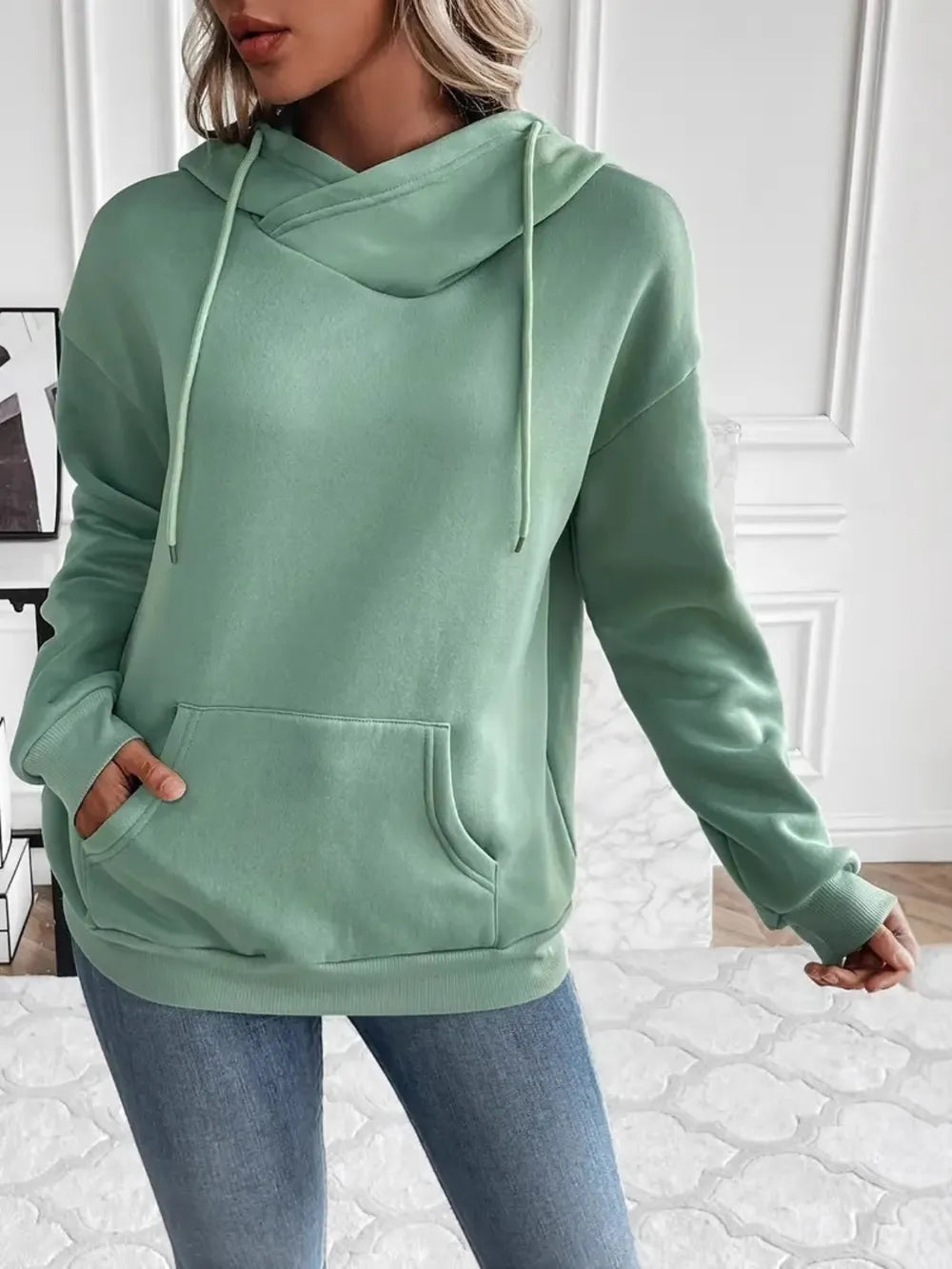 Drawstring Long Sleeve Hoodie with Kangaroo Pocket - Korvel