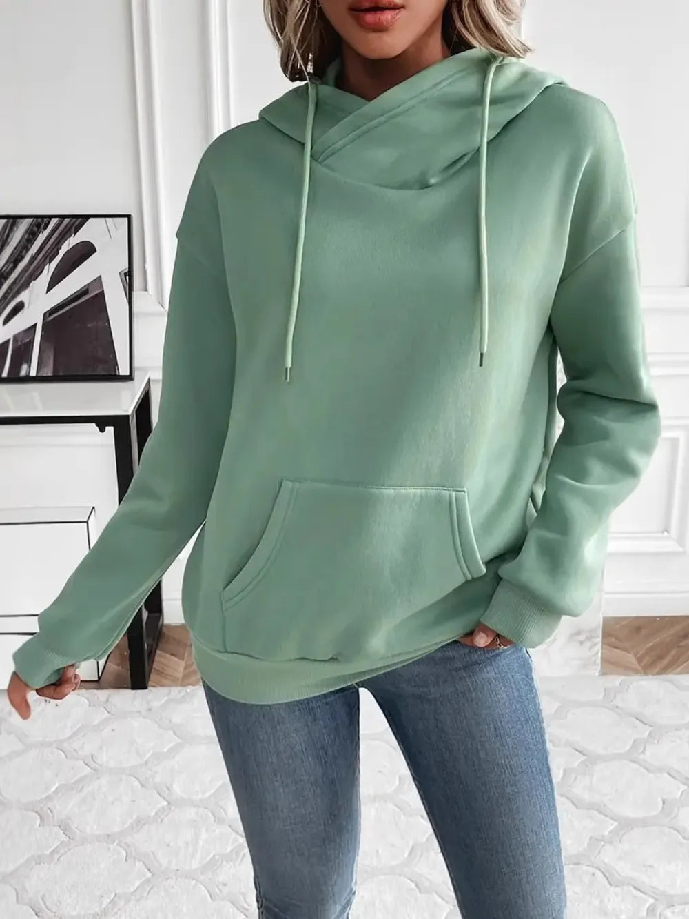 Drawstring Long Sleeve Hoodie with Kangaroo Pocket - Korvel
