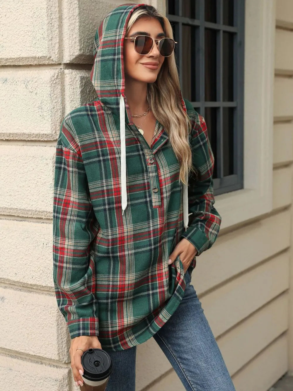 Drawstring Plaid Hooded Long Sleeve Top - Korvel