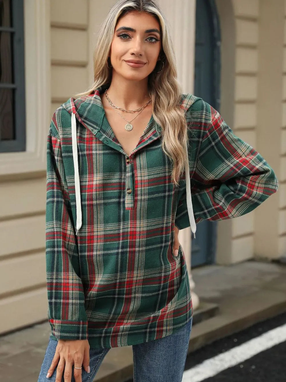 Drawstring Plaid Hooded Long Sleeve Top - Korvel