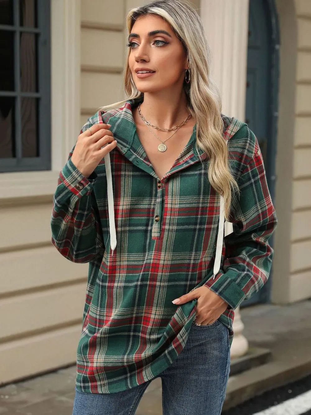 Drawstring Plaid Hooded Long Sleeve Top - Korvel