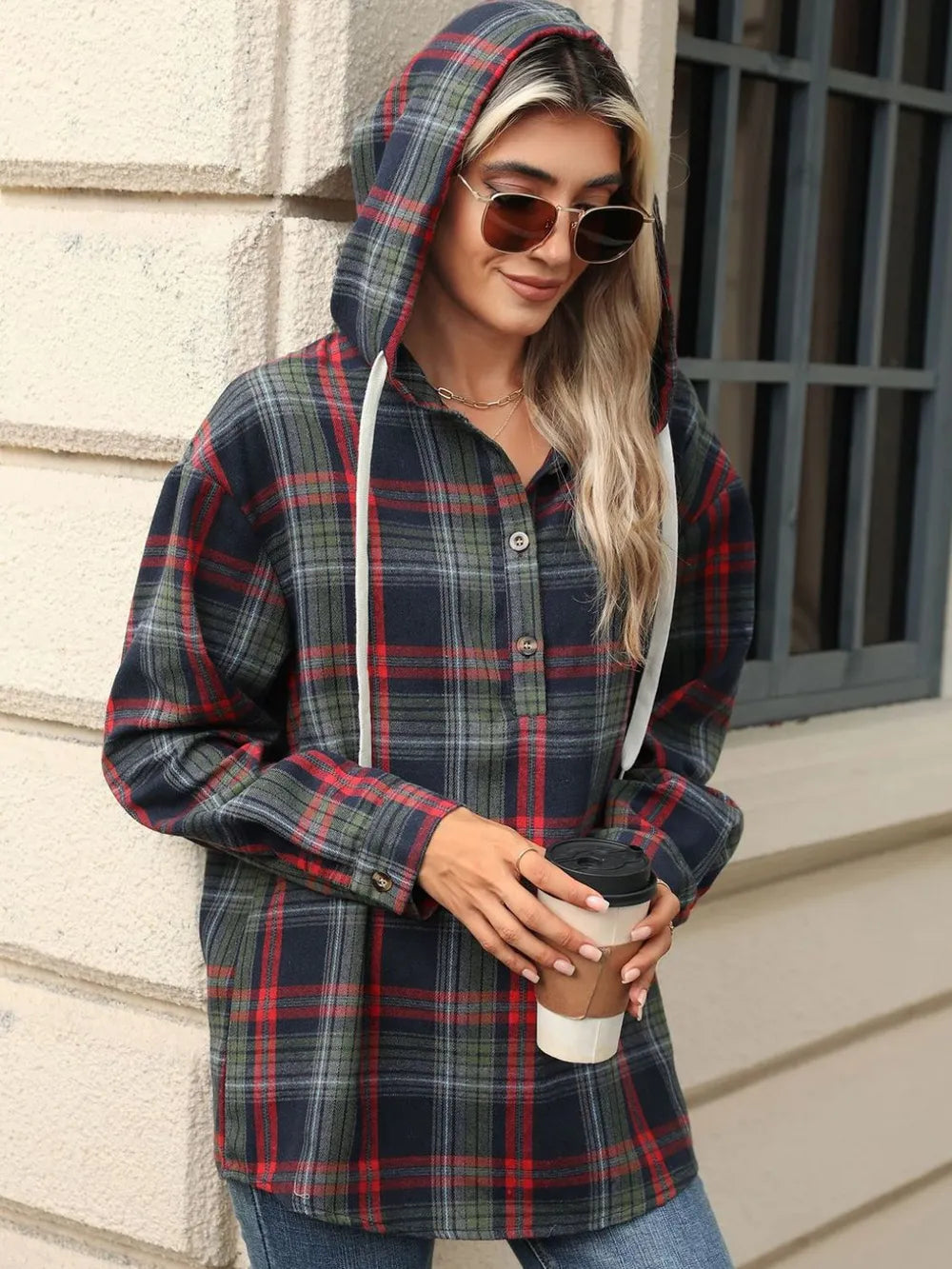 Drawstring Plaid Hooded Long Sleeve Top - Korvel