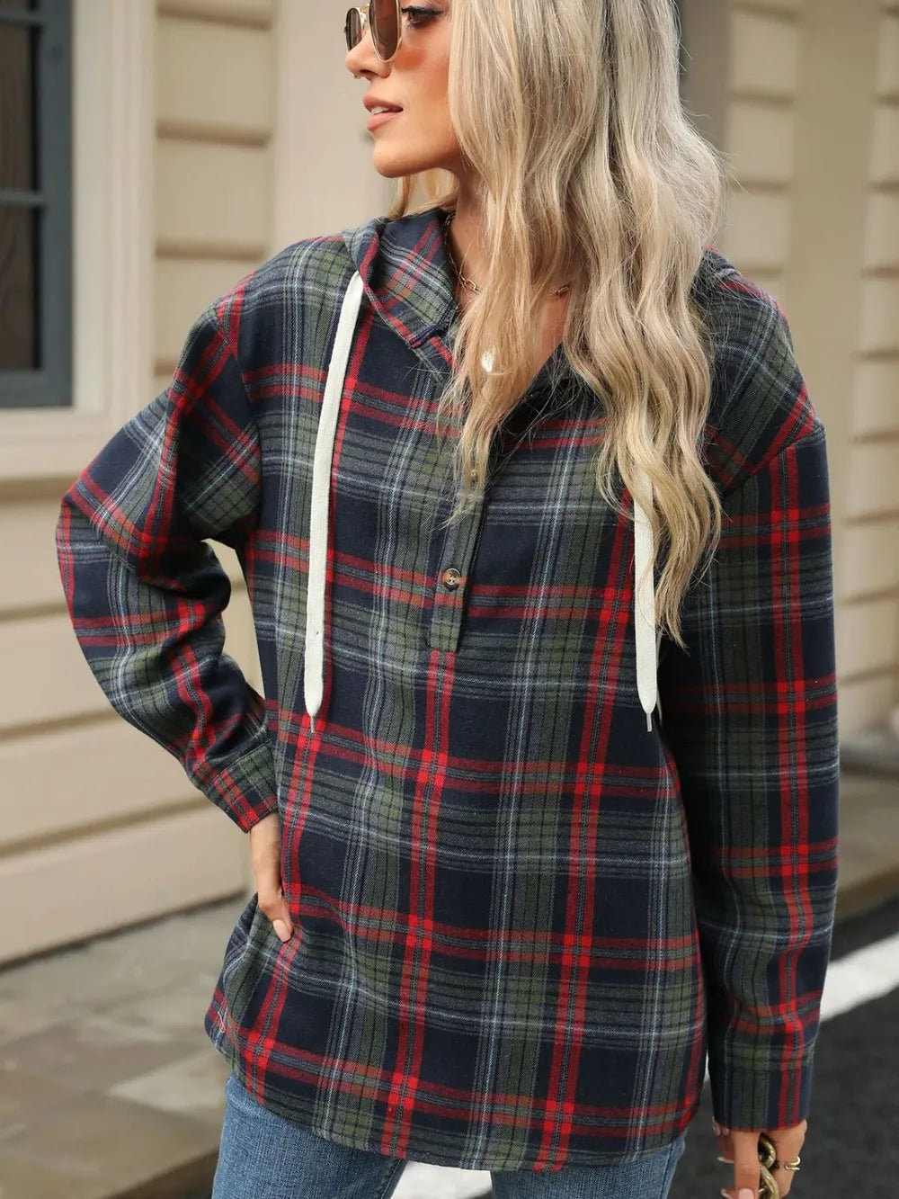 Drawstring Plaid Hooded Long Sleeve Top - Korvel