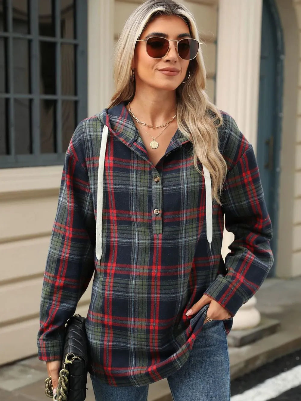 Drawstring Plaid Hooded Long Sleeve Top - Korvel