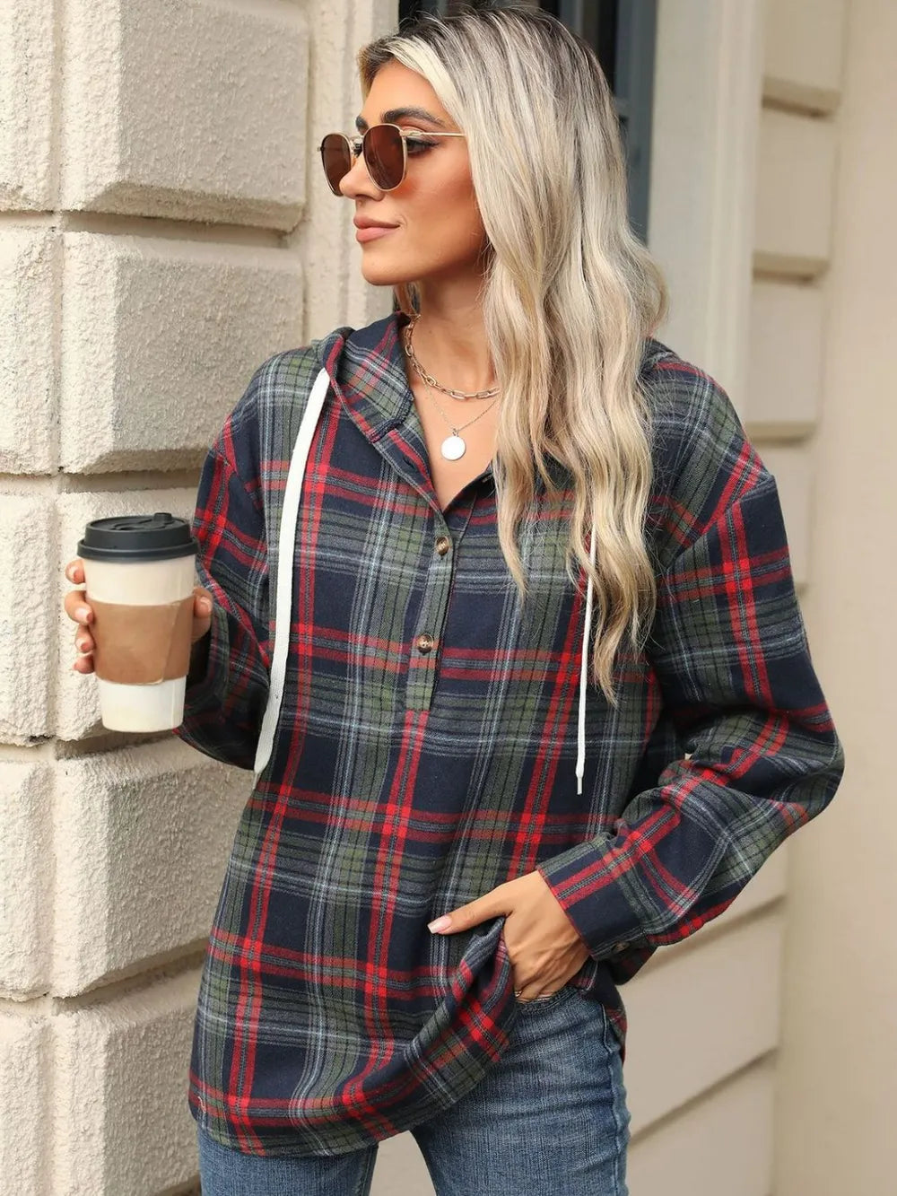Drawstring Plaid Hooded Long Sleeve Top - Korvel