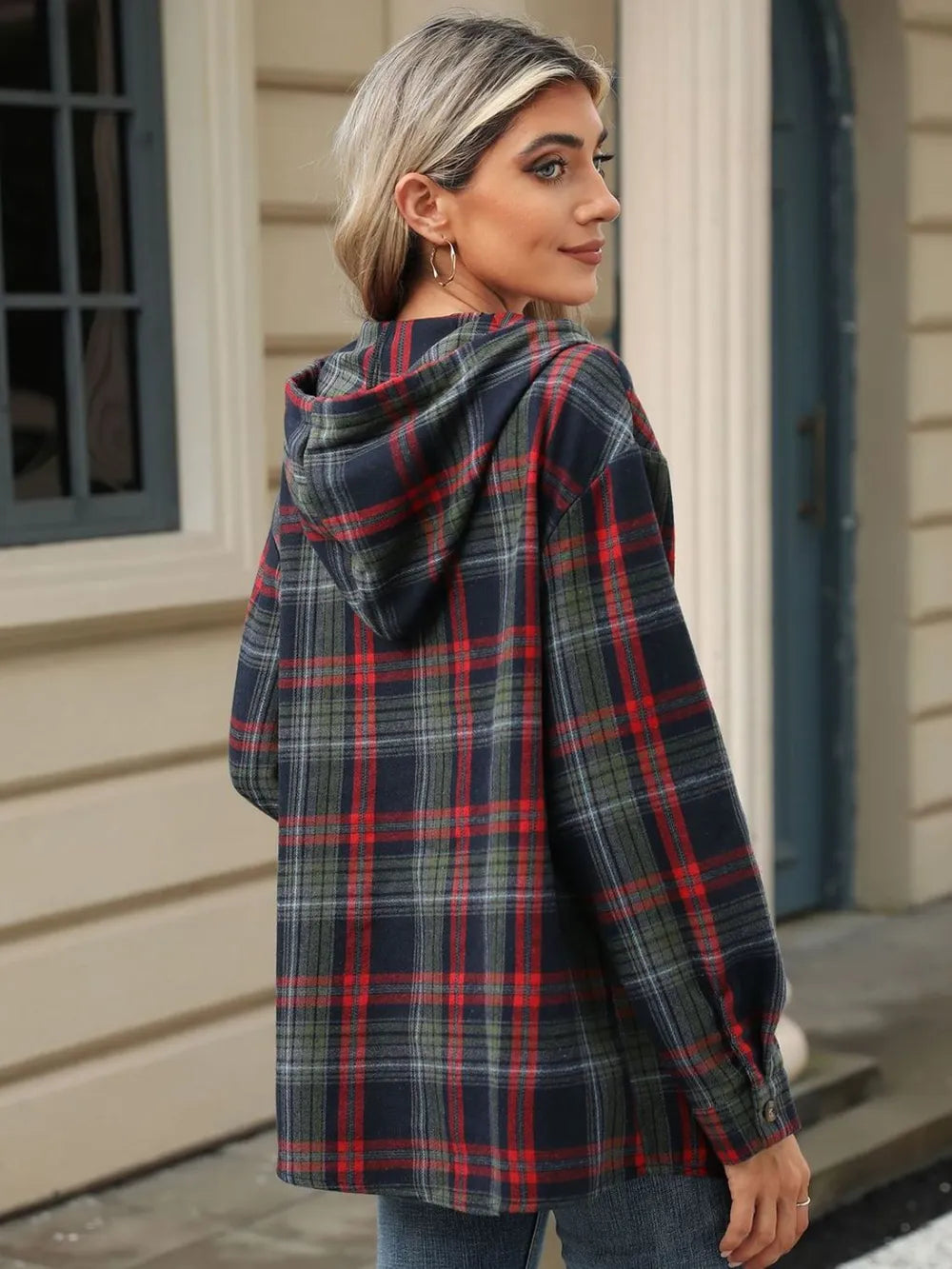 Drawstring Plaid Hooded Long Sleeve Top - Korvel
