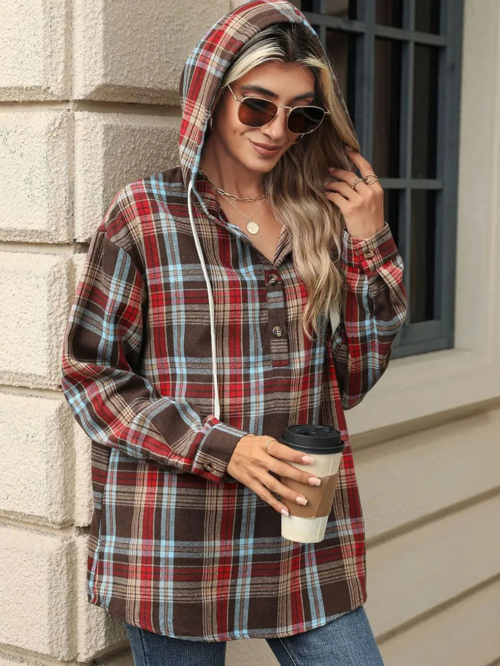 Drawstring Plaid Hooded Long Sleeve Top - Korvel