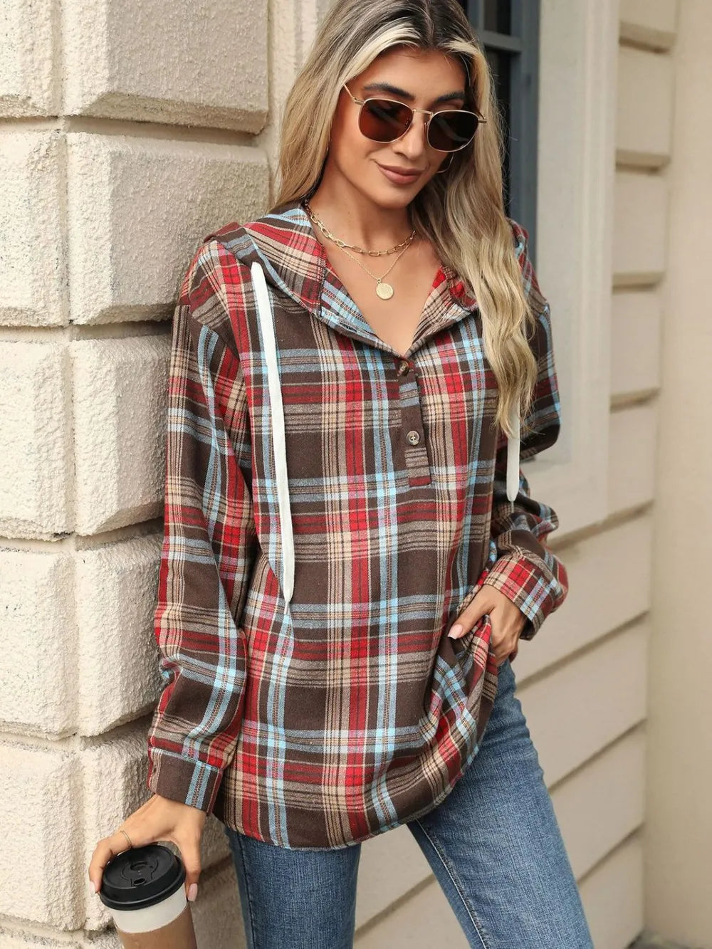 Drawstring Plaid Hooded Long Sleeve Top - Korvel