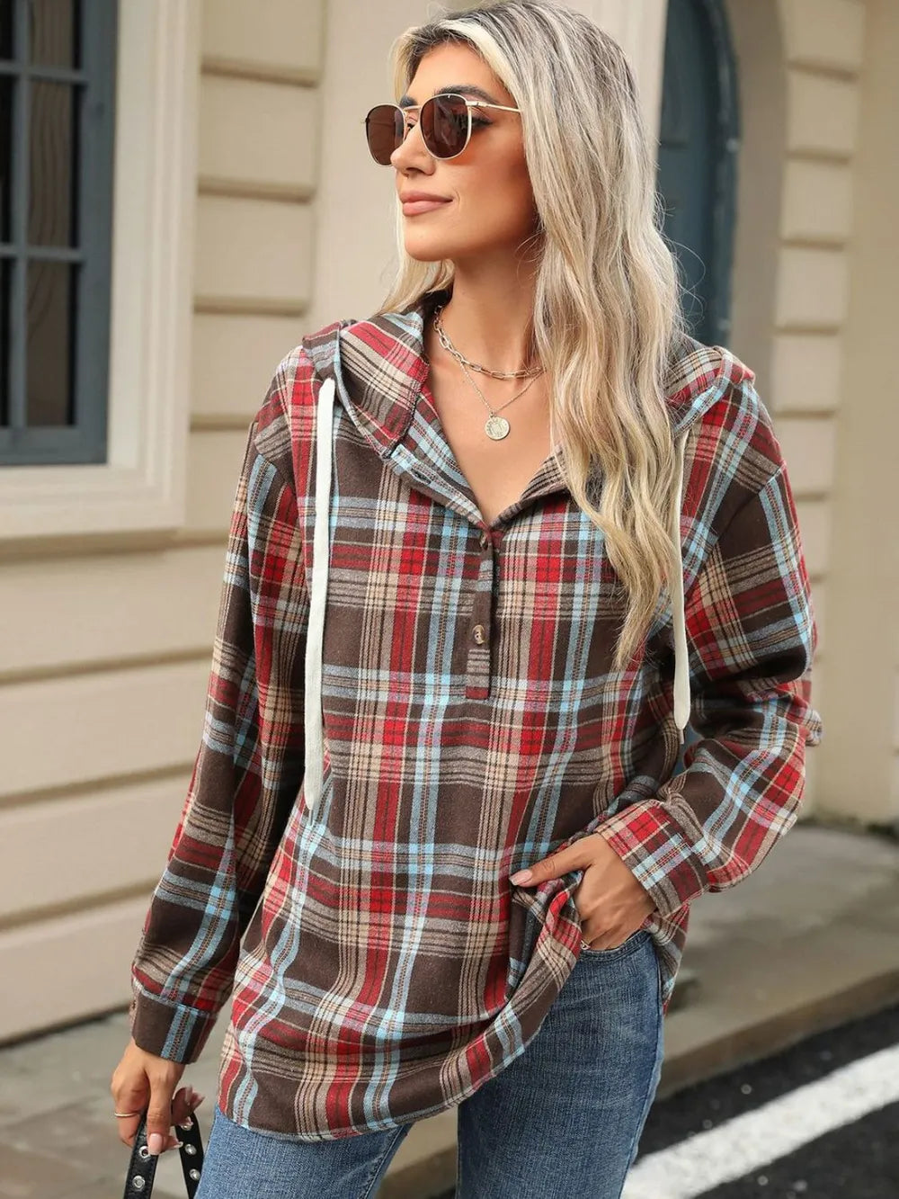 Drawstring Plaid Hooded Long Sleeve Top - Korvel
