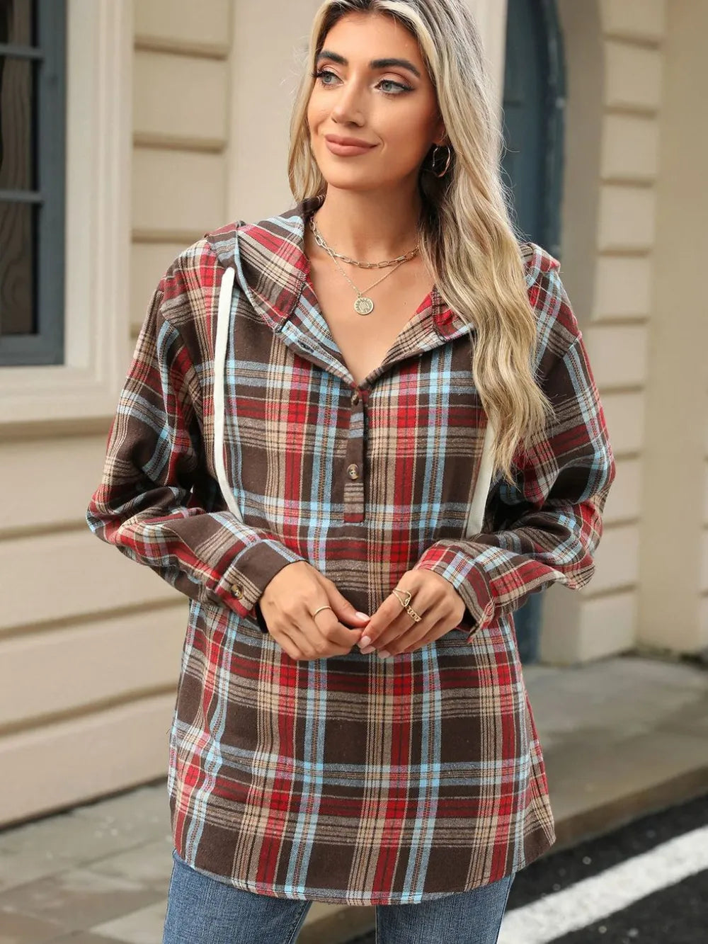 Drawstring Plaid Hooded Long Sleeve Top - Korvel