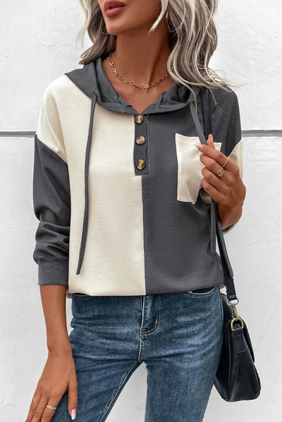 Drawstring Quarter Button Contrast Long Sleeve Hoodie - Korvel
