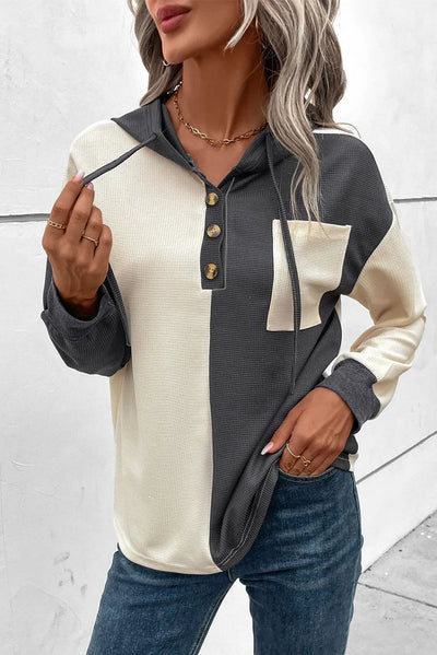 Drawstring Quarter Button Contrast Long Sleeve Hoodie - Korvel
