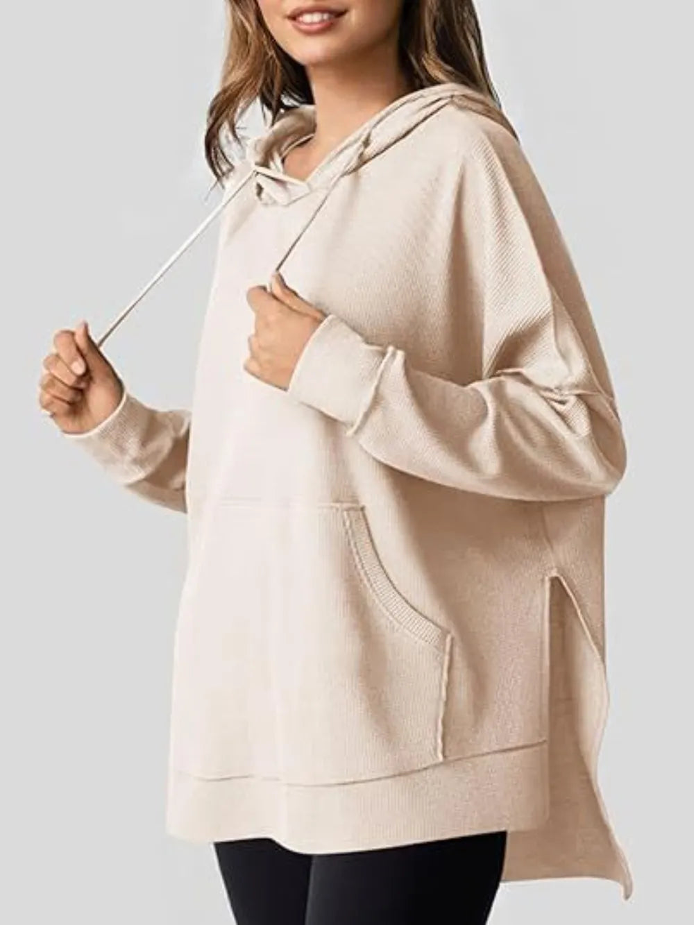 Drawstring Slit Long Sleeve Hoodie - Korvel