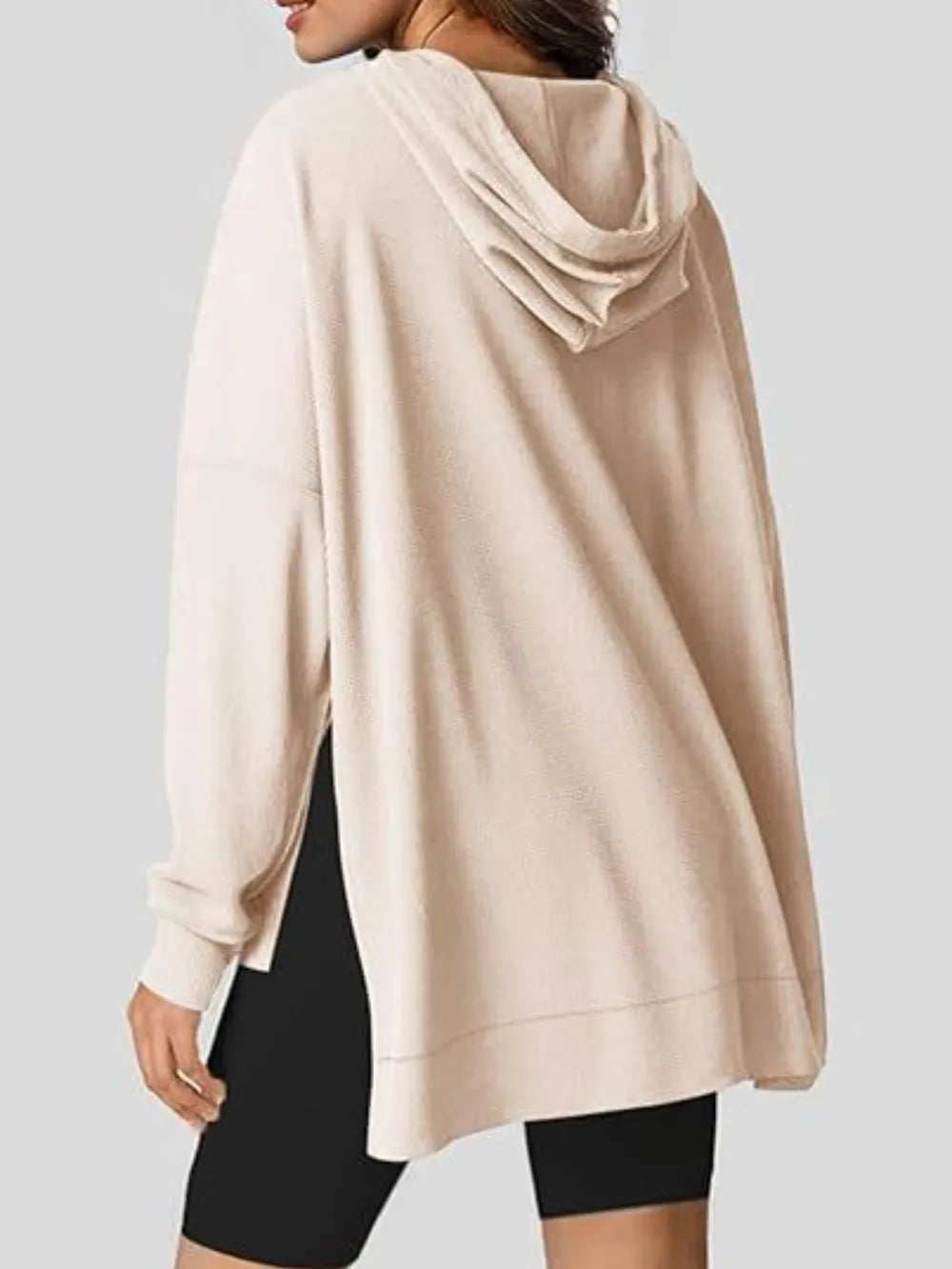 Drawstring Slit Long Sleeve Hoodie - Korvel