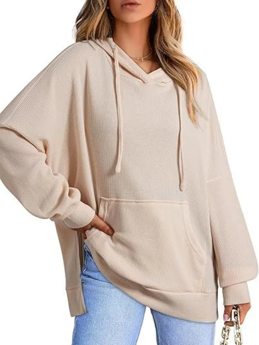 Drawstring Slit Long Sleeve Hoodie - Korvel