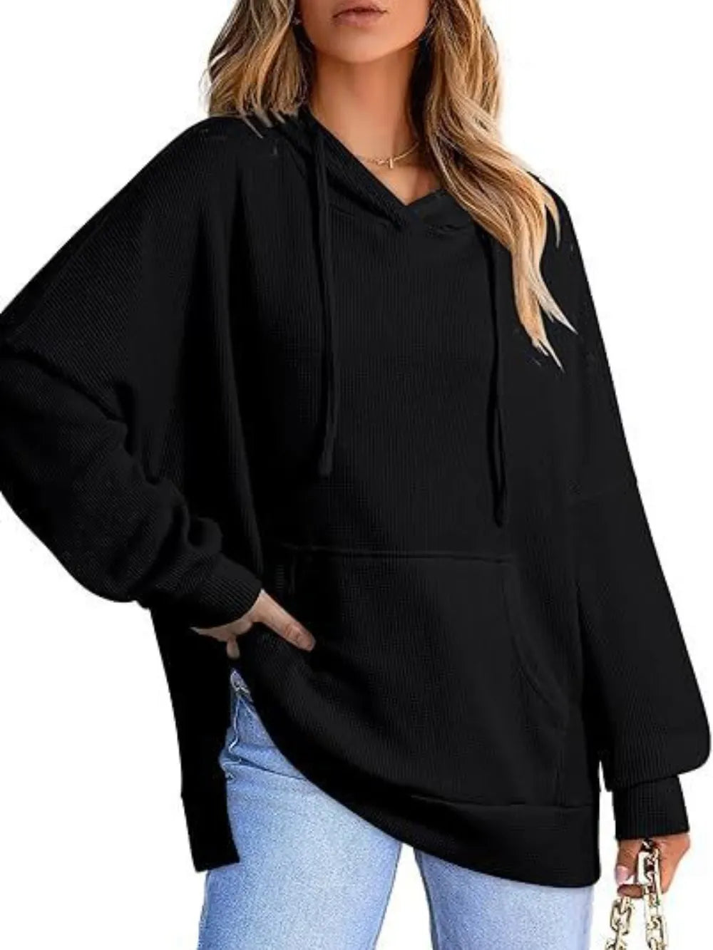 Drawstring Slit Long Sleeve Hoodie - Korvel