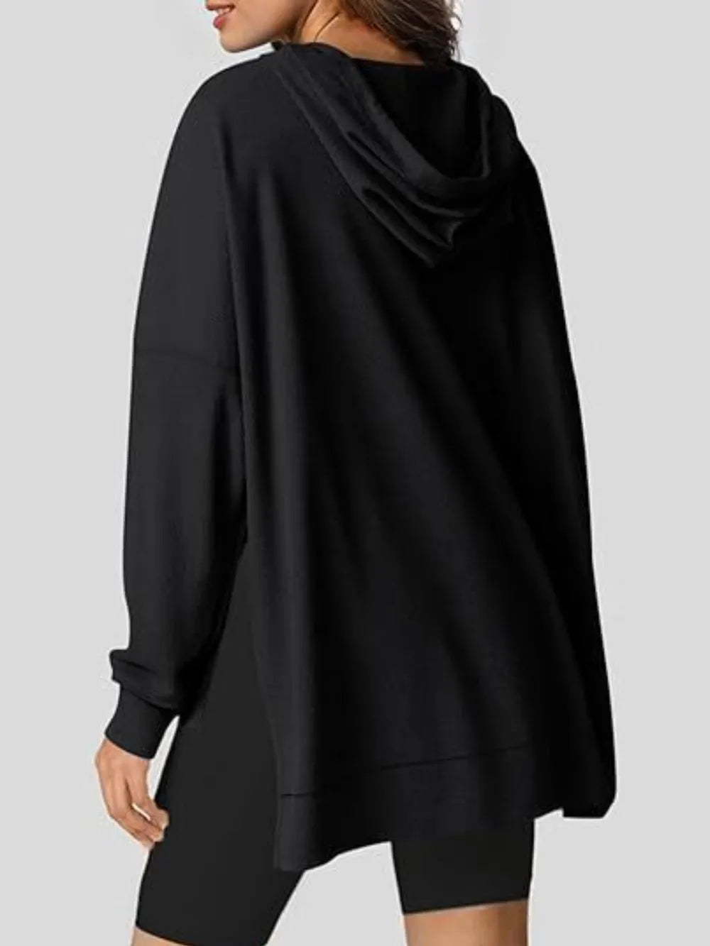 Drawstring Slit Long Sleeve Hoodie - Korvel