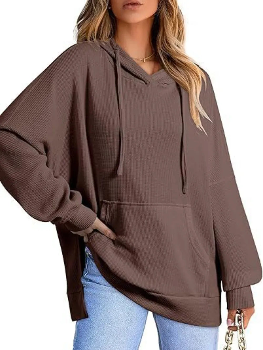 Drawstring Slit Long Sleeve Hoodie - Korvel