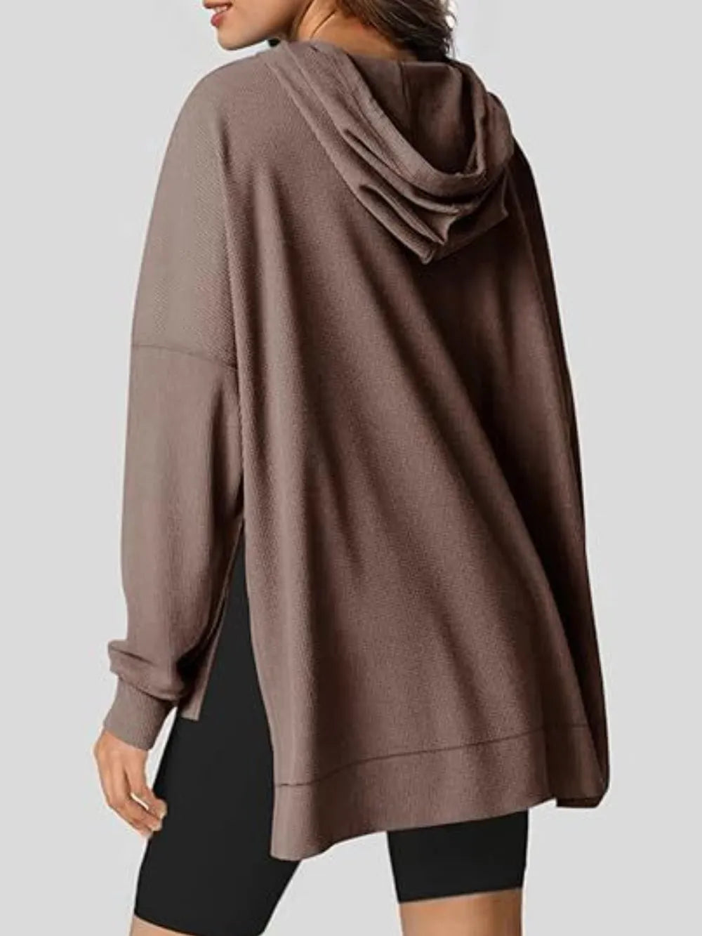 Drawstring Slit Long Sleeve Hoodie - Korvel
