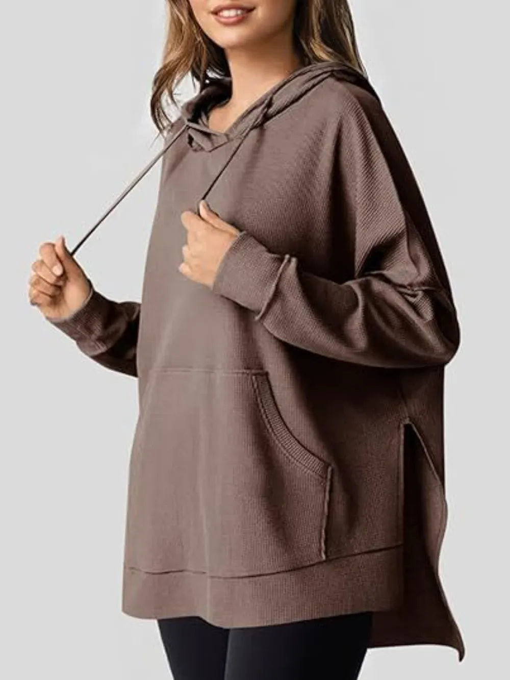Drawstring Slit Long Sleeve Hoodie - Korvel
