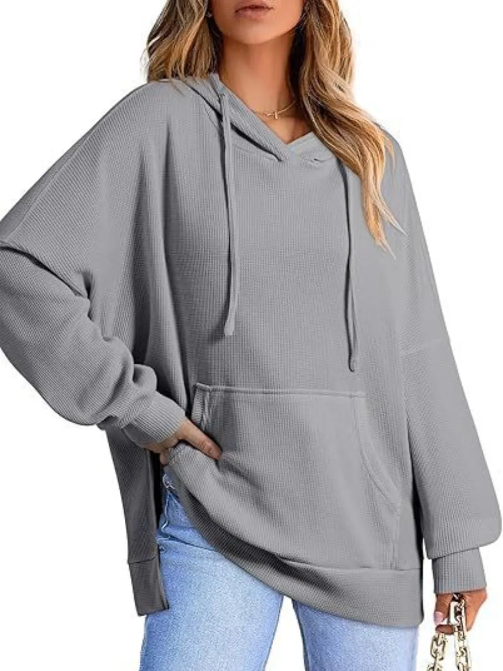 Drawstring Slit Long Sleeve Hoodie - Korvel