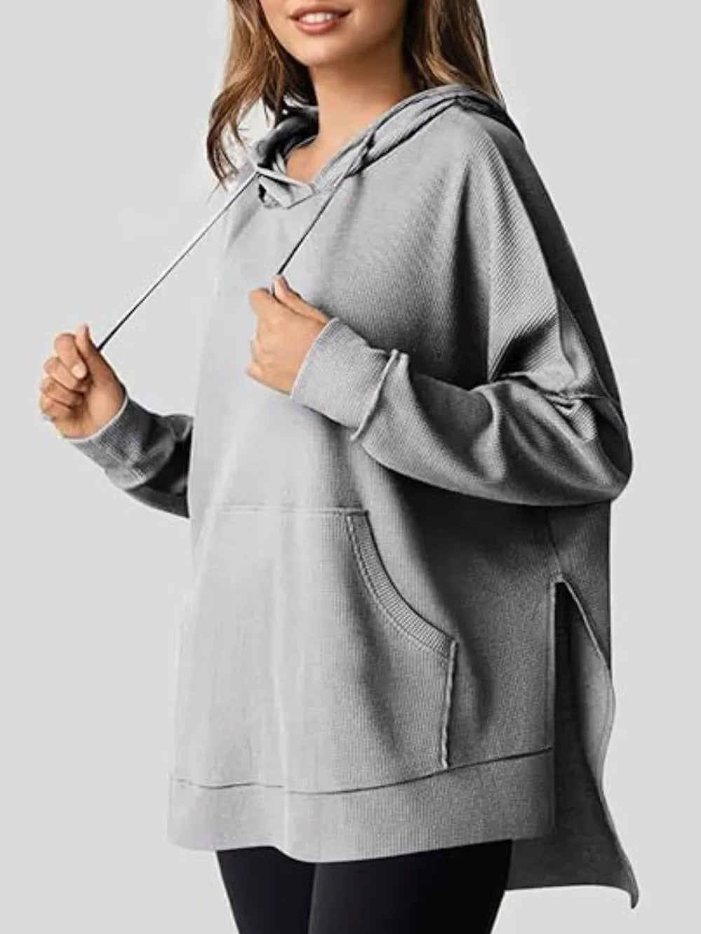 Drawstring Slit Long Sleeve Hoodie - Korvel