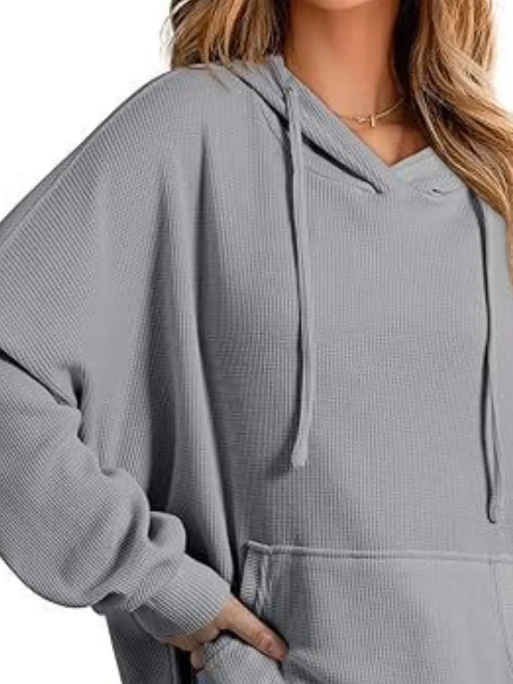 Drawstring Slit Long Sleeve Hoodie - Korvel