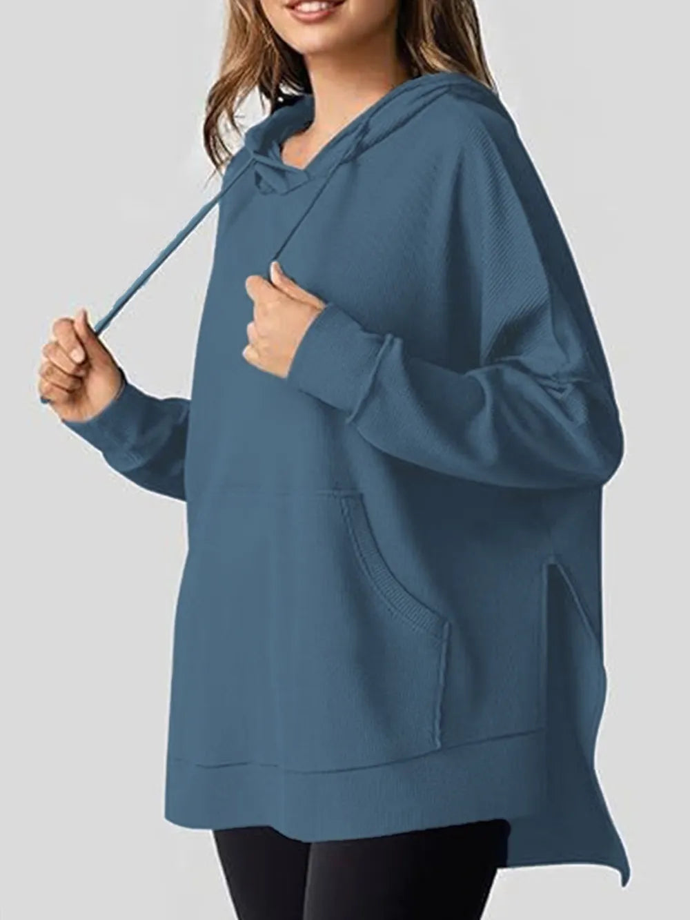 Drawstring Slit Long Sleeve Hoodie - Korvel