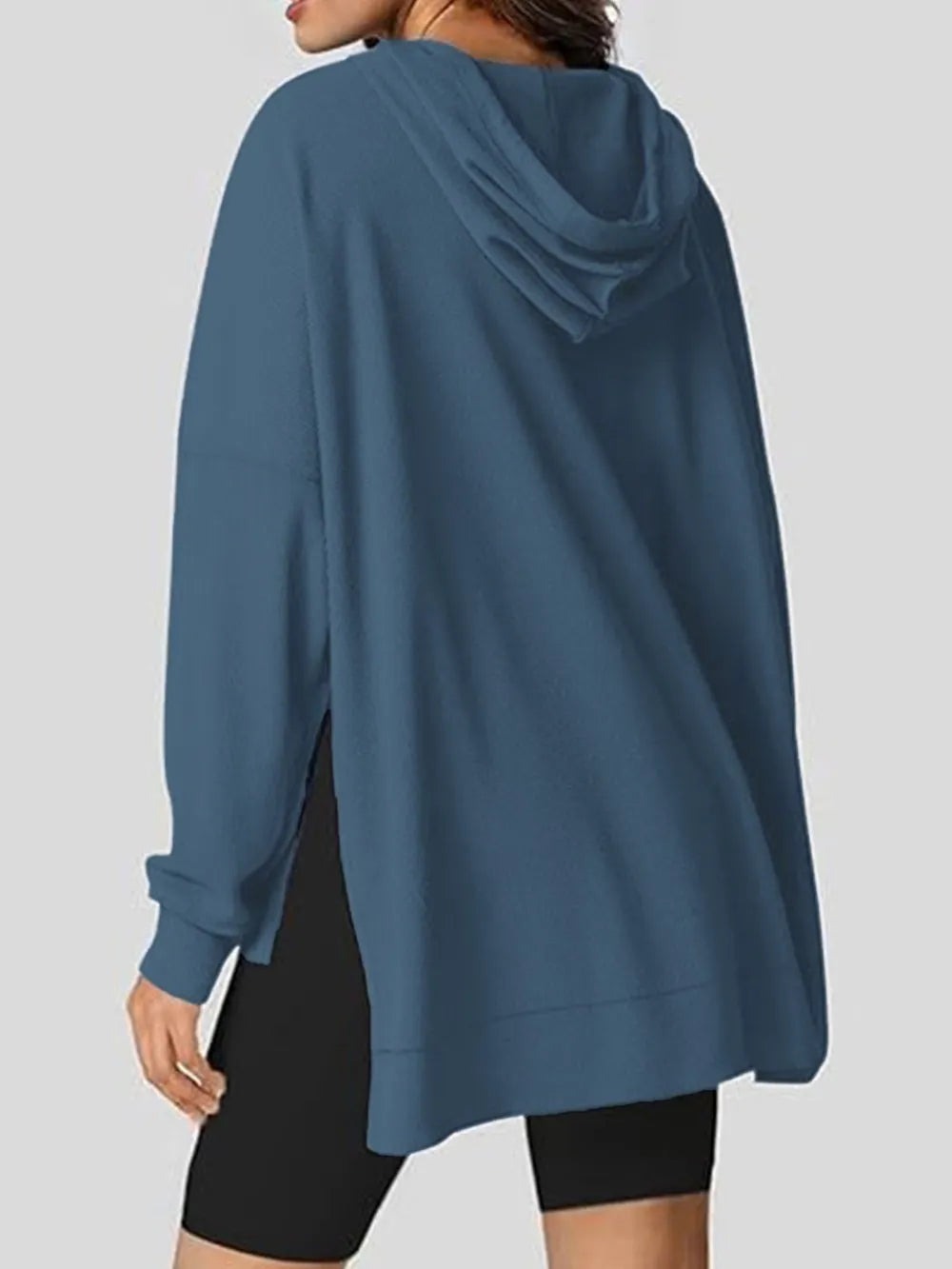 Drawstring Slit Long Sleeve Hoodie - Korvel