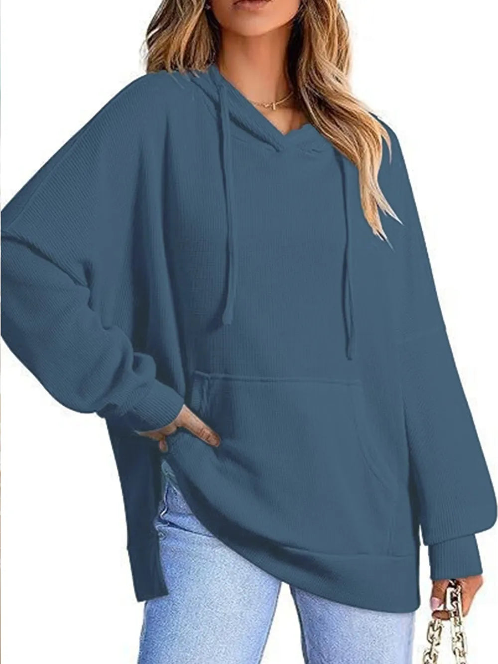 Drawstring Slit Long Sleeve Hoodie - Korvel