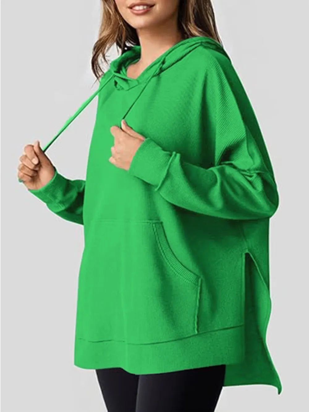 Drawstring Slit Long Sleeve Hoodie - Korvel