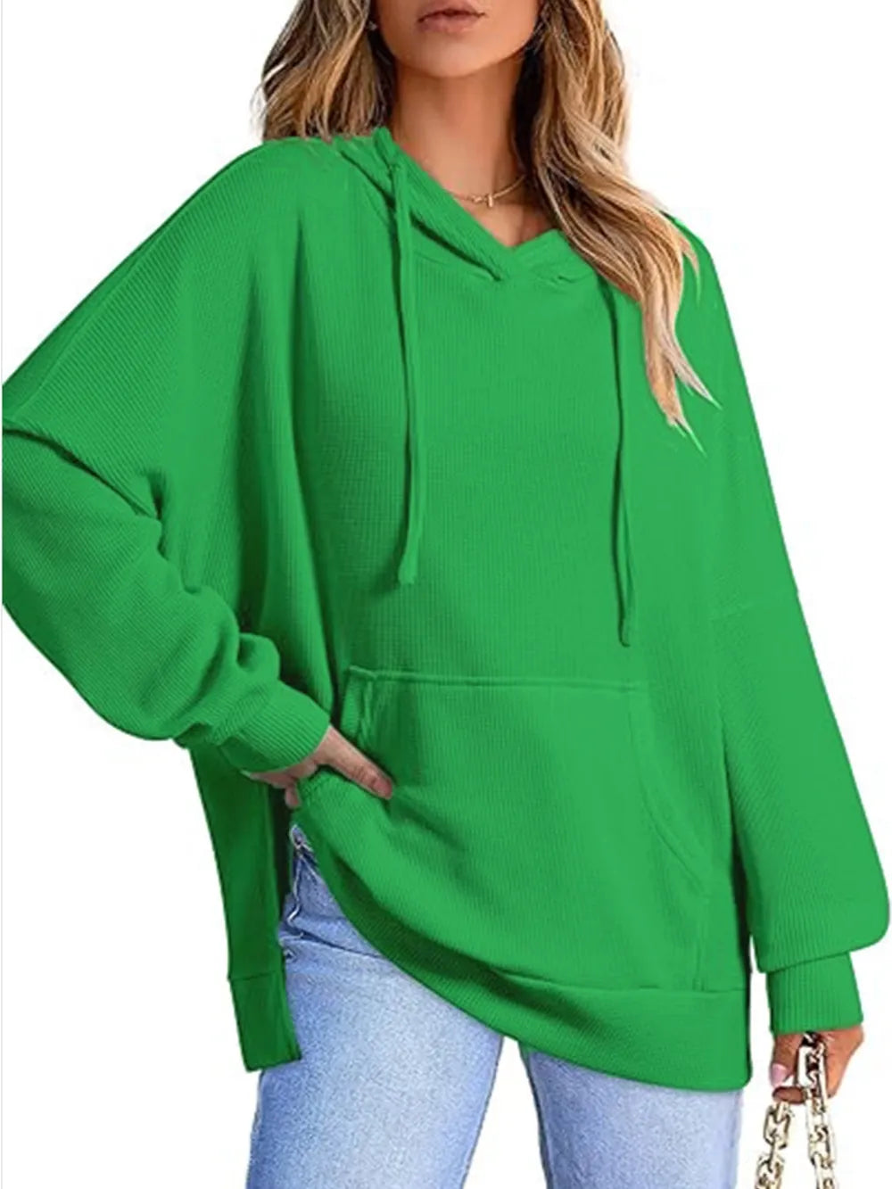 Drawstring Slit Long Sleeve Hoodie - Korvel