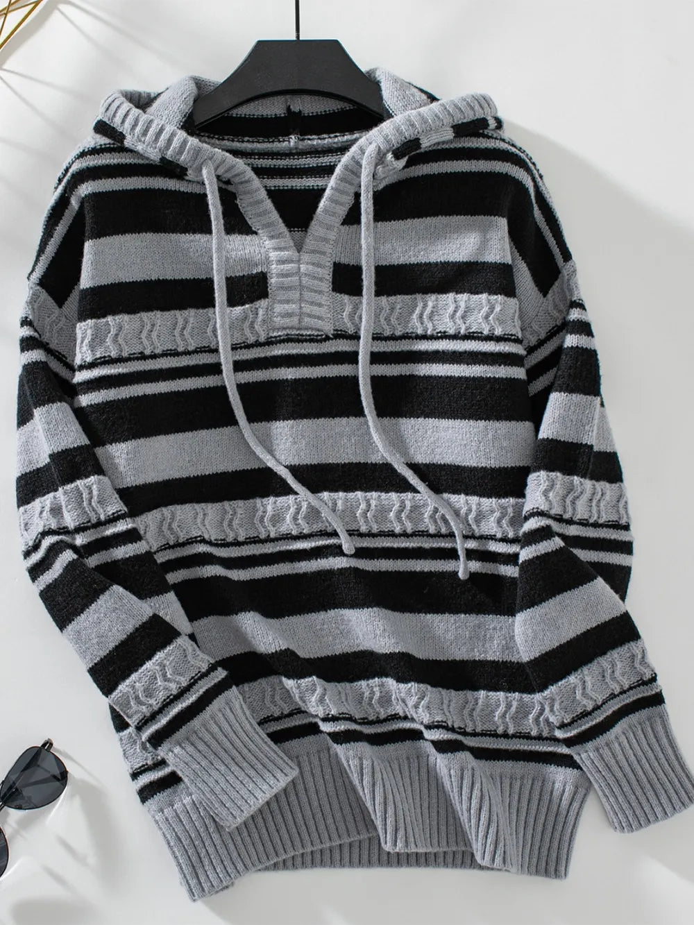 Drawstring Striped Long Sleeve Hooded Sweater - Korvel