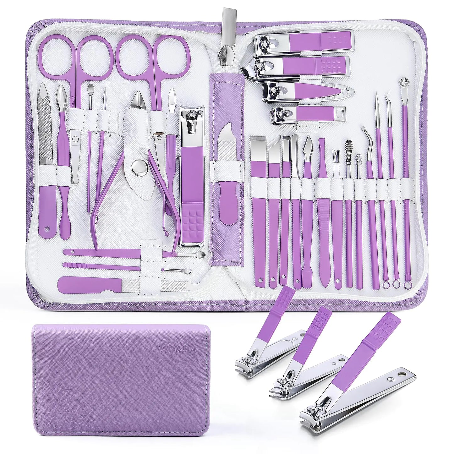 Juego de Manicura Profesional de 30 Piezas - Kit de Uñas de Acero Inoxidable en Púrpura