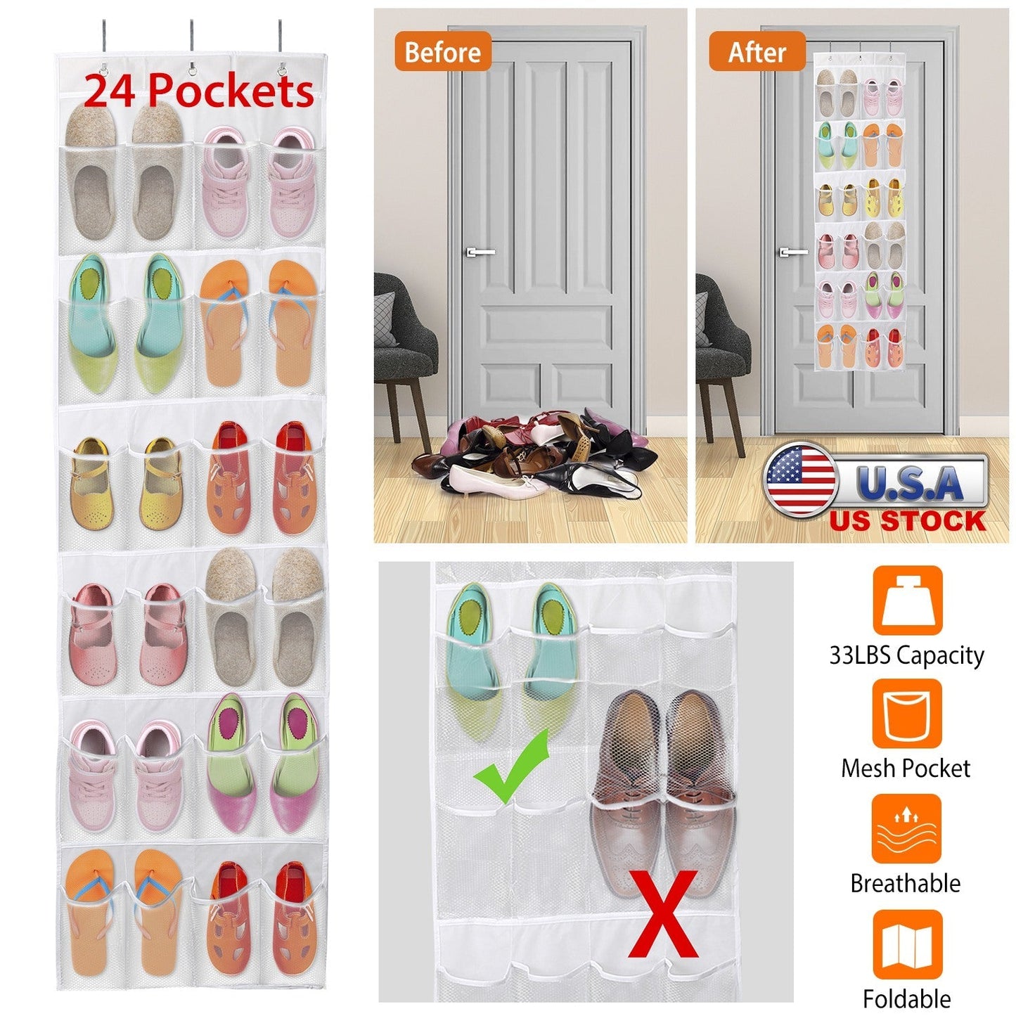 Over the Door 24-Pocket Shoe Rack Organizer