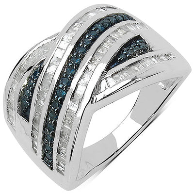 Bague en argent sterling avec diamants bleus et blancs de 1,02 carat