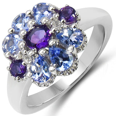 1.25 Carat Genuine Tanzanite & Amethyst Sterling Silver Ring