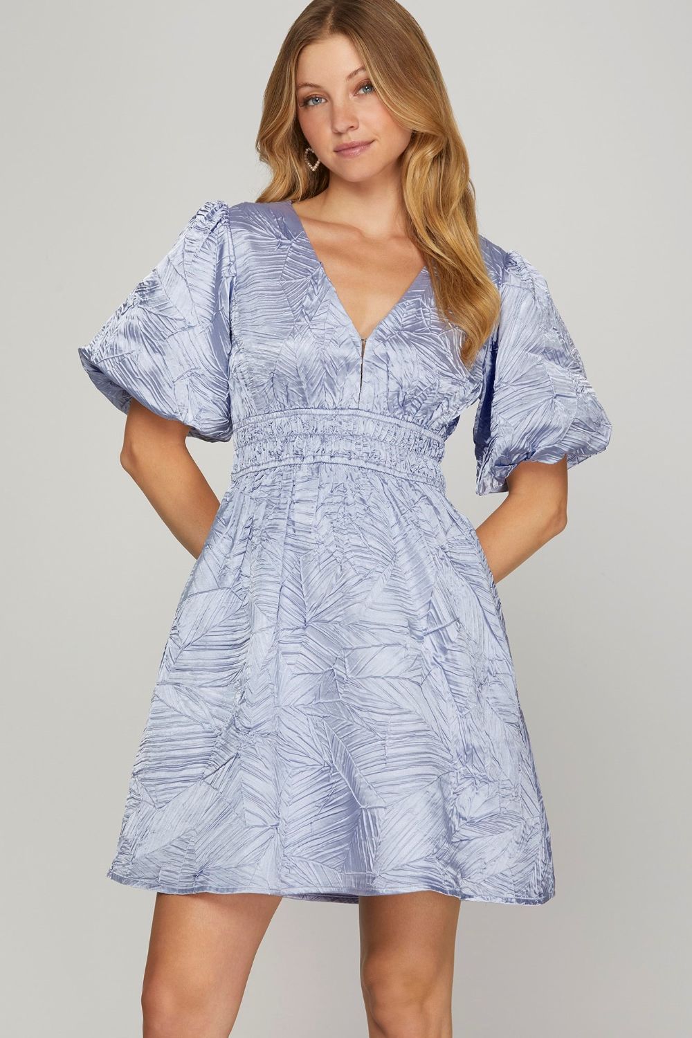 Chic Crinkle Woven V-Neck Balloon Sleeve Mini Dress