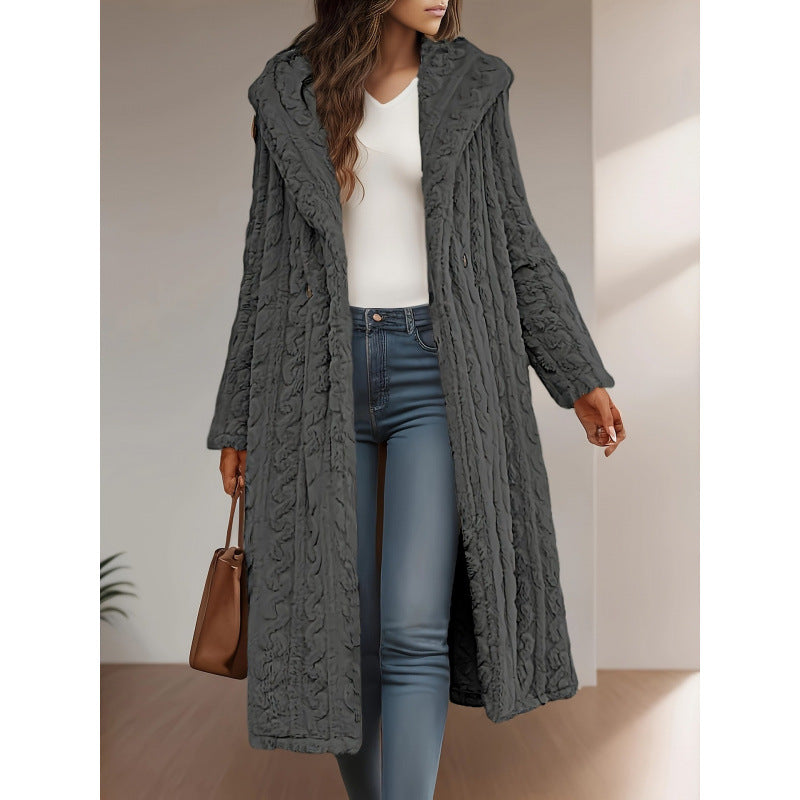 Elegant Long Sleeve Hooded Wool Women's Overcoat