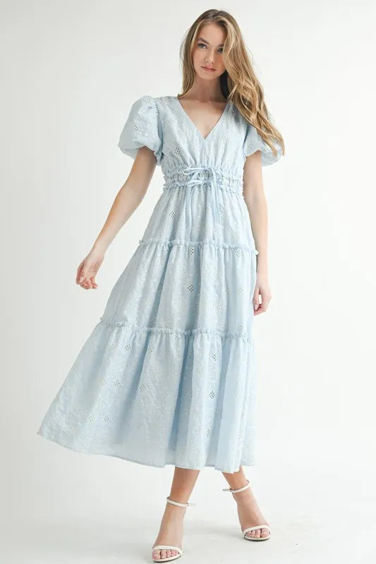 Elegant Eyelet Lace Puff Sleeve Midi Dress for Women