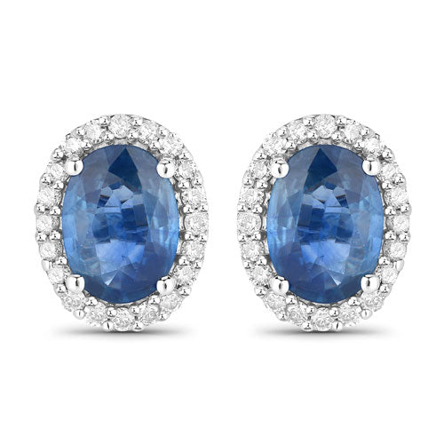 2.16 Carat Blue Sapphire and Diamond Halo Earrings in 14K White Gold