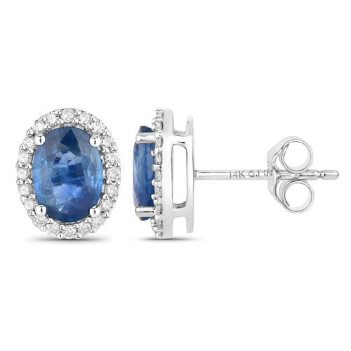 2.16 Carat Blue Sapphire and Diamond Halo Earrings in 14K White Gold