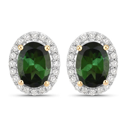 1.92 Carat Green Tourmaline & Diamond 14K Yellow Gold Earrings