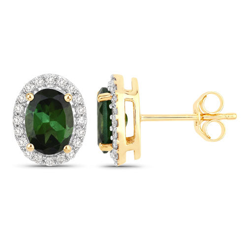 1.92 Carat Green Tourmaline & Diamond 14K Yellow Gold Earrings