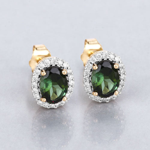 1.92 Carat Green Tourmaline & Diamond 14K Yellow Gold Earrings
