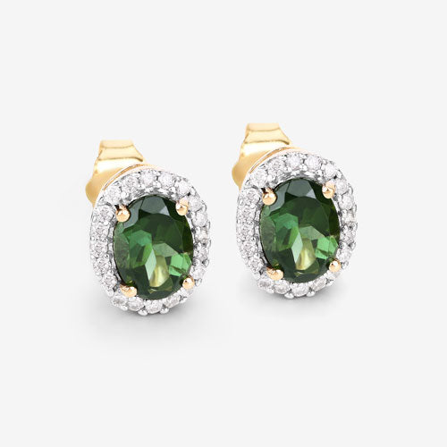 1.92 Carat Green Tourmaline & Diamond 14K Yellow Gold Earrings