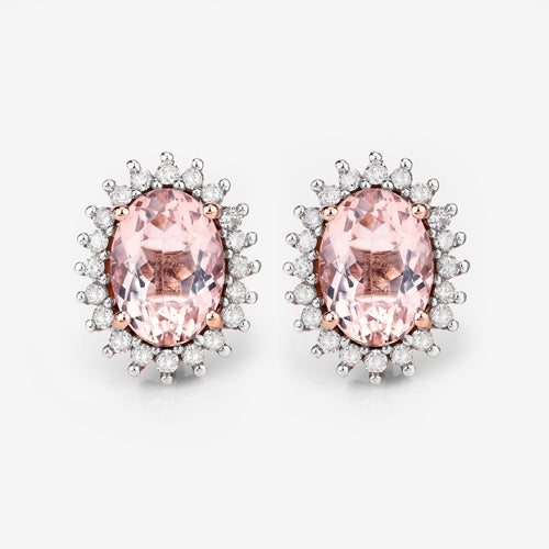 1.61 Carat Genuine Morganite and White Diamond Halo Earrings