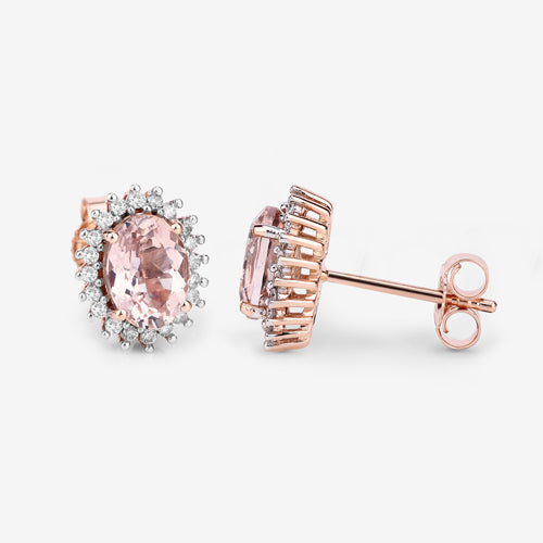 1.61 Carat Genuine Morganite and White Diamond Halo Earrings