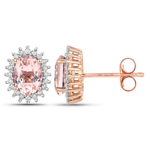 1.61 Carat Genuine Morganite and White Diamond Halo Earrings