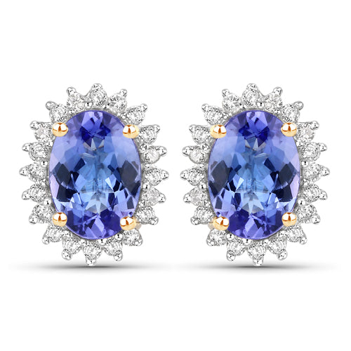 Boucles d'oreilles en tanzanite véritable de 1,71 carat et diamants blancs en or jaune 14K
